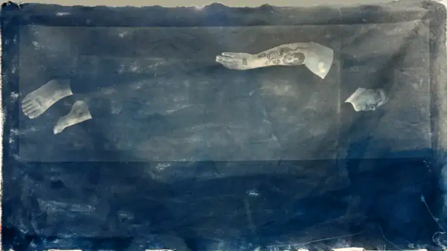 Amina Cruz
Self Portrait in Ascension, 2025
Cyanotype, tea, and coffee on canvas
27 x 46 in.